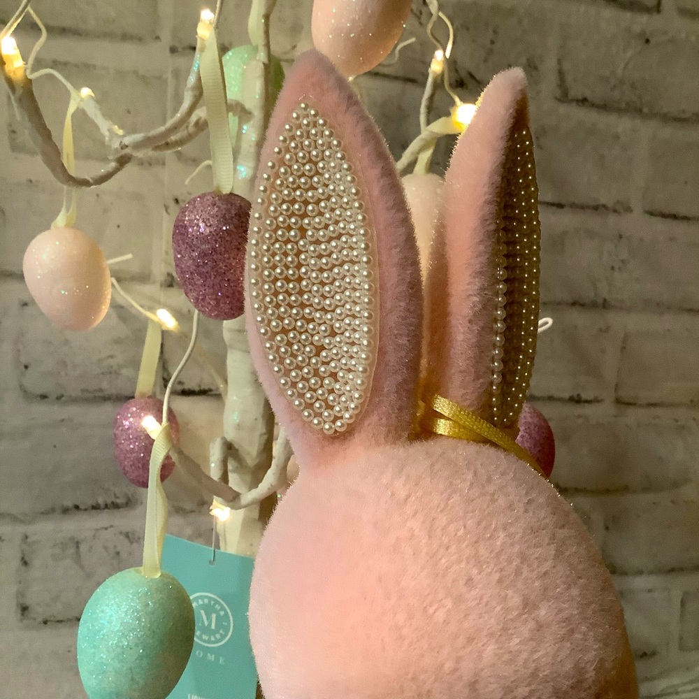 BELLA LUX Pink 15in Flocked Rabbit With Ribbon - Picture 3 of 6